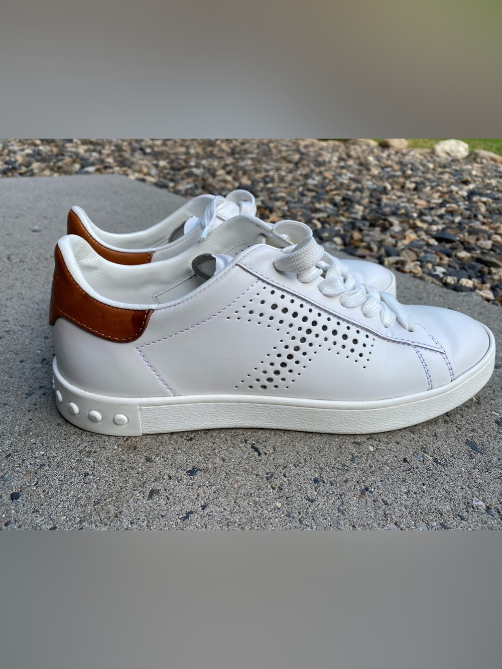 TOD’S White Perforated Women’s Leather Sneaker with Tan Heel Accent